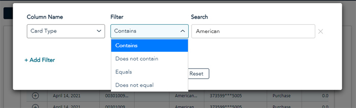 Populate the filter popup by selecting the Column Name, the filter you wish to apply, then entering the search criteria to apply. 